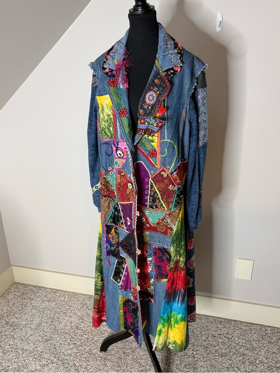 AMBER STUDIOS One Of A Kind Denim Jean Maxi Coat Duster Art To Wear Boho Large - Picture 3 of 16